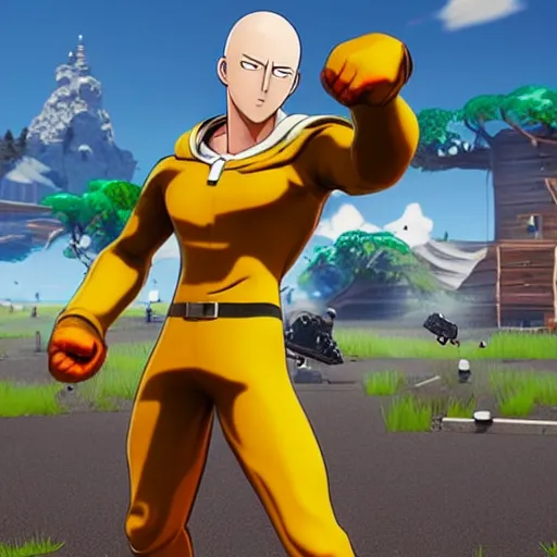 Image similar to one punch man in fortnite, character render, full body shot, highly detailed, in game render