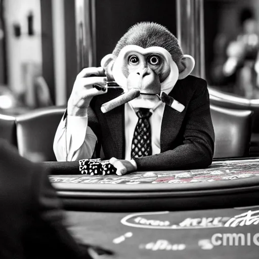 Prompt: monkey in a suit smoking a cigar and playing poker in a casino, 5 0 mm, black and white photo, octane render, realistic