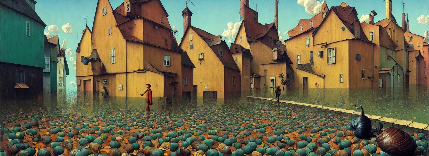 Image similar to flooded! old wooden! empty cursed snail city street, very coherent and colorful high contrast masterpiece by gediminas pranckevicius rene magritte norman rockwell franz sedlacek, full - length view, dark shadows, sunny day, hard lighting, reference sheet white background