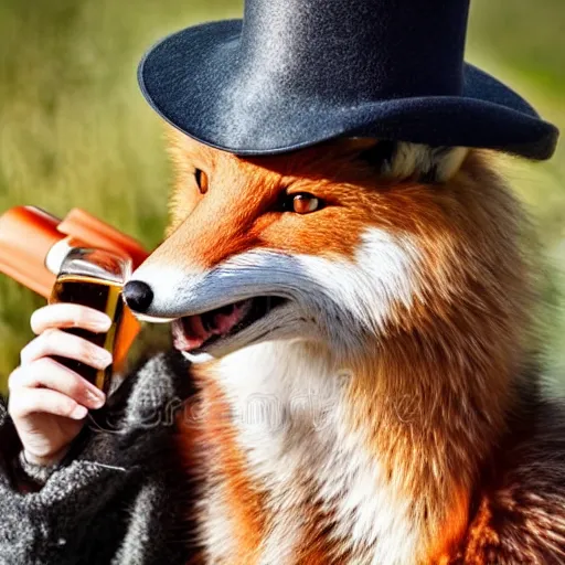 Image similar to a polygamous fox with a hat drinking beer and smoking e - cigarette, stock photo