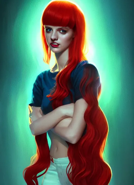 Image similar to full body portrait of teenage cheryl blossom, bangs, green eyes, mischievous expression, red hair, sultry smirk, bangs and wavy hair, intricate, elegant, glowing lights, highly detailed, digital painting, artstation, concept art, smooth, sharp focus, illustration, art by wlop, mars ravelo and greg rutkowski