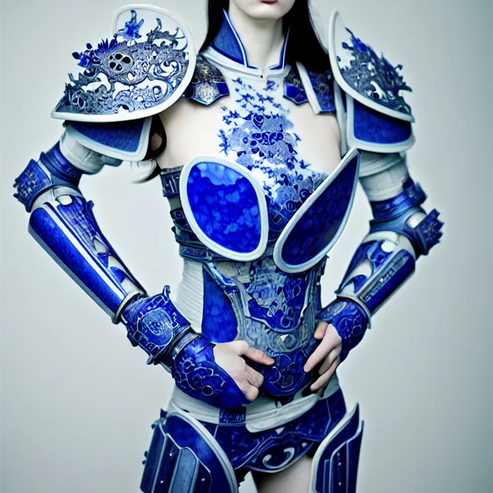 Image similar to porcelain cyborg armor, Chinese Blue and white porcelain 14th century, diffuse lighting, fantasy, intricate, elegant, highly detailed, lifelike, photorealistic, digital painting, artstation, illustration, concept art, smooth, sharp focus, art by John Collier and Albert Aublet and Krenz Cushart and Artem Demura and Alphonse Mucha