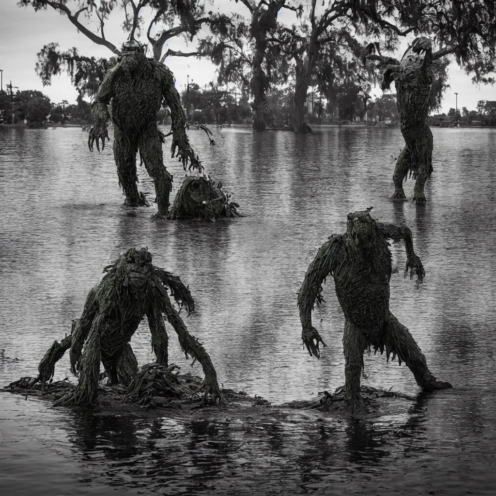 Prompt: a massive swamp monster emerging from Lake Merritt in Oakland CA, wide shot, water splashing, epic VFX shot, full color, trash, Sony 14mm f2.8
