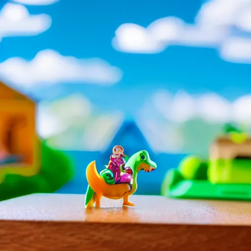 Prompt: dinosaur themed polly pocket playset, sat on a wooden study desk in front of a window, god rays, dust particles, photorealistic, aesthetic shot, worms eye view, macro camera lens, high definition, thematic, cinematic, lens flare