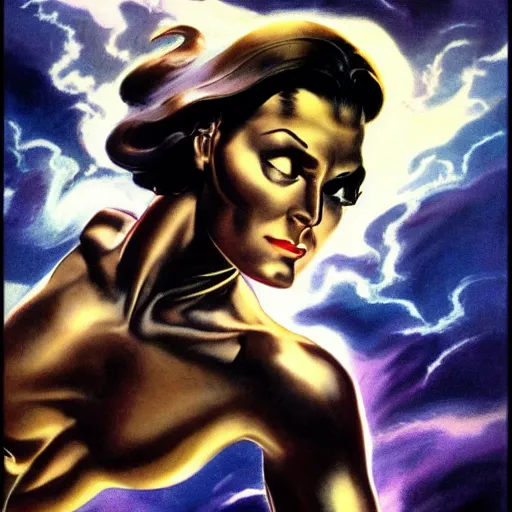 Prompt: ultra realistic portrait of a female silver surfer, as an outlaw, art by frank frazetta, vintage levi ’ s ad, stormy weather, dark vibes, 4 k, ultra realistic, highly detailed, epic lighting