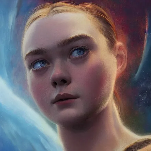 Image similar to ultra realistic medium shot head and shoulders masterpiece portrait painting of elle fanning in halo 2, cosmic horror, artstation, art by frank frazetta, 4 k, ultra realistic, highly detailed, epic lighting