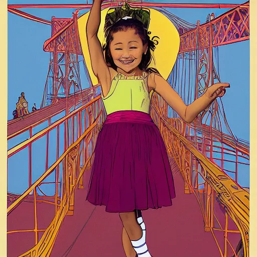 Prompt: a mixed race hapa five - year - old girl, dressed as a ballerina, balancing on the golden gate bridge, smiling into the camera, portrait, wide shot, sunset illustration, pop art, splash painting, art by geof darrow, ashley wood, alphonse mucha