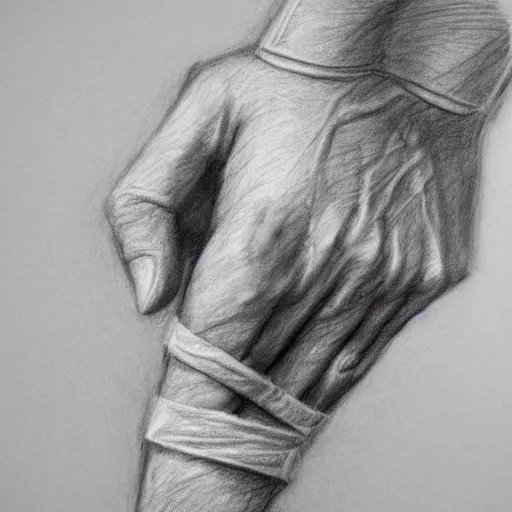 Image similar to mummy in bandages touches the hand of warrior, pencil drawing