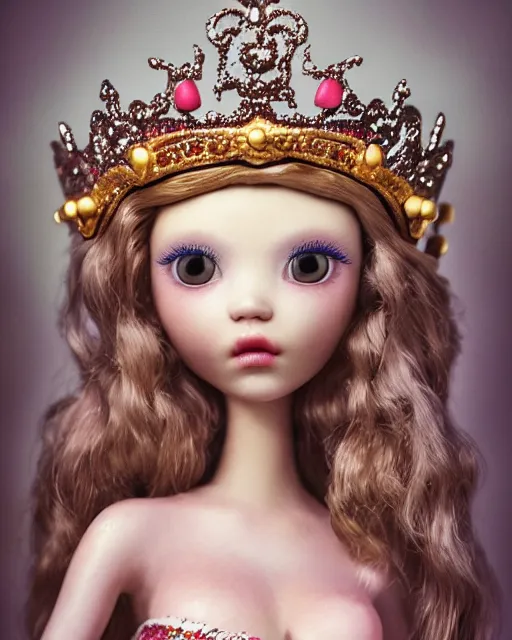 Image similar to closeup face profile portrait of a tin toy fairytale princess wearing a crown eating cakes, bikini, depth of field, zeiss lens, fashion photoshoot by nicoletta ceccoli, mark ryden, lostfish, breathtaking, detailed and intricate environment, 8 k resolution, extremely detailed, beautiful, establishing shot, artistic, hyperrealistic, octane render
