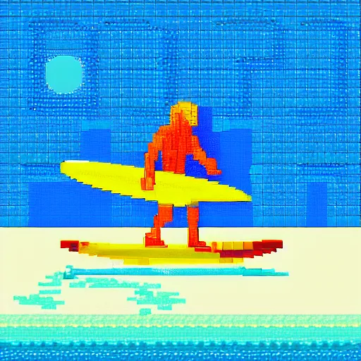 Image similar to a surfer. sun and sea. colorful. pixelart.