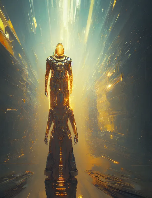 Image similar to futuristic priest, reflective chrome armor, super intricate gold ornaments artwork by tooth wu and wlop and alena aenami and greg rutkowski