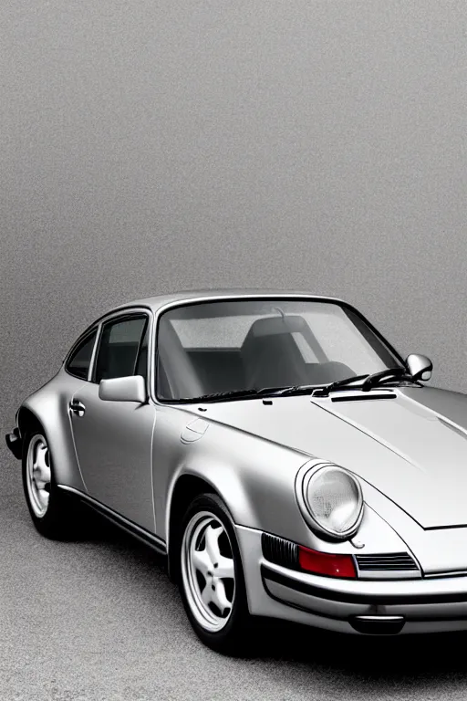 Prompt: Photo of a silver Porsche 911 Carrera 3.2, daylight, dramatic lighting, award winning, highly detailed, wide shot, 1980s Versace ad, Fashion photography, fine art print.