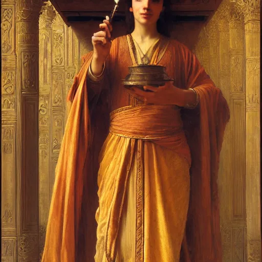 Image similar to orientalist portrait of a sage wearing golden robes smoking a pipe in a sandstone temple intricate portrait by john william waterhouse and Edwin Longsden Long and Theodore Ralli and William-Adolphe Bouguereau, very coherent symmetrical artwork. Cinematic, hyper realism, high detail 8k