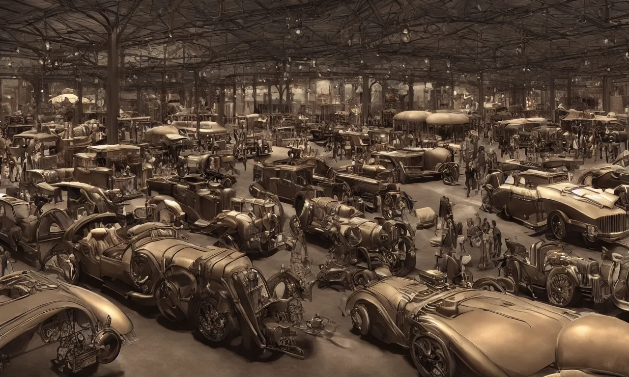 Prompt: exhibition hall of full of restomods cars, steampunk, high detail, shading unreal engine 5, from movie by digital domain and weta digital, strong ambient occlusion