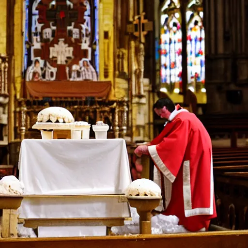 Image similar to Ceremony of a soft ice ice cream on an altar during a Latin Rite Catholic Church Service in a Medieval Cathedral