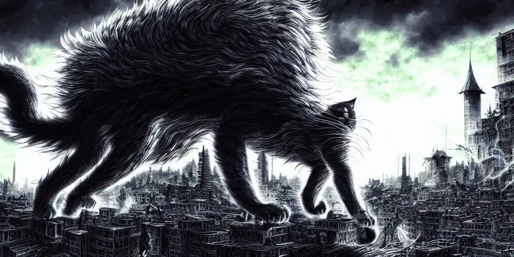 Prompt: Huge cat destroying a city, in the style of Kentaro Miura, Berserk, landscape, hyperdetailed, ultra quality, 4k, ultra details