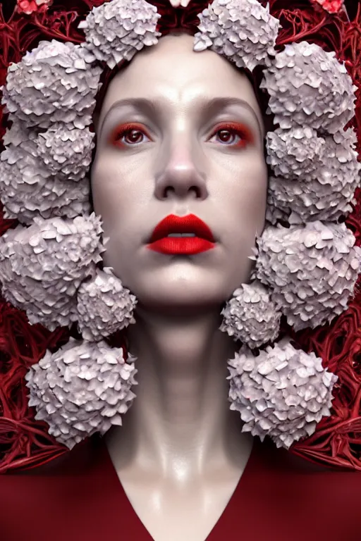 Image similar to complex 3 d render hyper detailed ultrasharp biomechanical female cyborg portrait with a beautiful porcelain profile face, mandelbrot fractal, elegant crown with huge white hydrangea flowers foliage leaves stems roots, red lips, alexander mcqueen haute couture, art nouveau fashion, octane render, 8 k