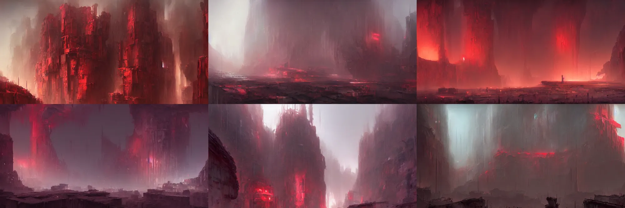 Prompt: City inside of the Abyss, great rupture, crimson rain, painted by Eytan Zana, concept art