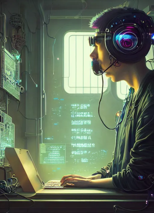 Image similar to highly detailed portrait of a cyberpunk gloomy hacker, wires connect to the head, stephen bliss, unreal engine, greg rutkowski, loish, rhads, beeple, makoto shinkai and lois van baarle, ilya kuvshinov, rossdraws, tom bagshaw, alphonse mucha, global illumination, detailed and intricate environment