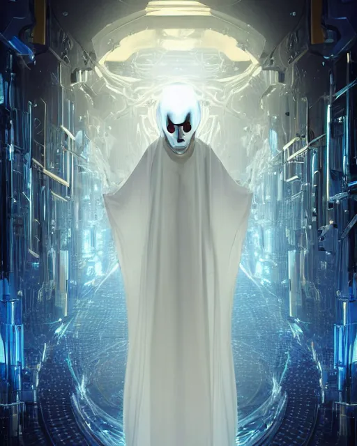 Image similar to detailed portrait of a beautyful cyber noun, necromancer, benevolent, scifi, futuristic, elegant cape, year 2 1 0 0, elegant, alien room background, white, blue, gold, trending on artstation, so - s 1 4 8 ft light, holy machine, advanced technology, art by vitaly bulgarov and nivanh chanthara