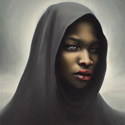 Image similar to a portrait of a young black woman wearing a long dark cloak, hood and shadows covering face, anatomically correct, beautiful perfect face, enigmatic, oil painting, matte painting, black background, Volumetric dynamic lighting, Highly Detailed, Cinematic Lighting, Unreal Engine, 8k, HD, by Beksinski