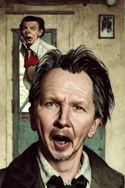 Image similar to portrait of gary oldman as a giant vampire, room of old hut in background, illustration by norman rockwell and greg rutkowski