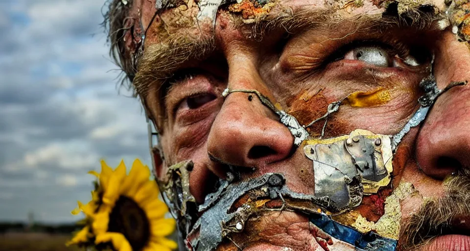 Image similar to an extreme close up portrait a very ordinary middle-aged man with a sad expression, front angle, by Anselm Kiefer and Lucian Freud and Jenny Saville, oil painting, rust, Scaffolding, rusted metal and sunflowers, iron cladding, decay, mixed media, textured, anatomically correct, beautiful perfect face, visible brushstrokes, sharp focus, Highly Detailed, Cinematic Lighting, 8k, HD