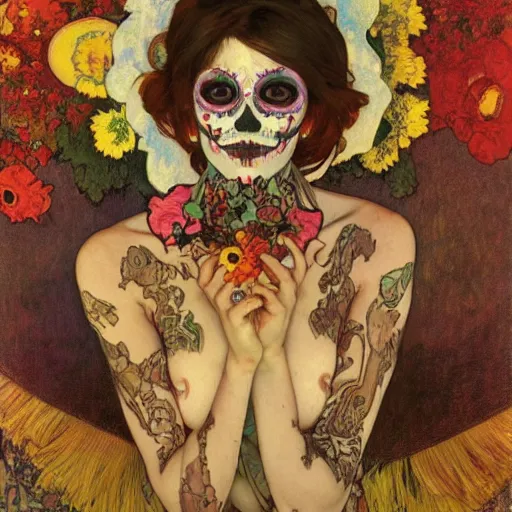 Image similar to realistic detailed painting of a cute punk Día de los Muertos girl by Henri de Toulouse-Lautrec Alphonse Mucha Egon Schiele Ayami Kojima Amano Charlie Bowater, masterpiece