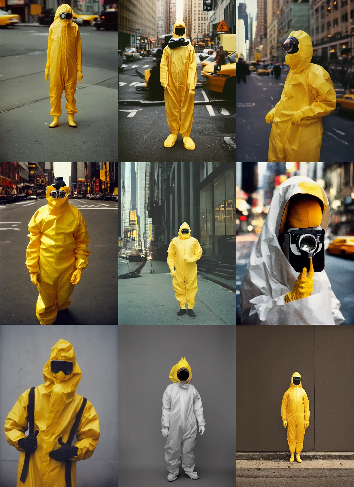 Prompt: medium format film portrait of an anthropomorphic banana wearing hazmat suit in new york by street photographer from the 1 9 6 0 s, hasselblad film bokeh, unsplash, soft light photographed on colour expired film