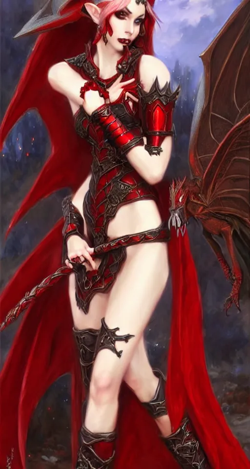 Prompt: Gothic elf princess in red dragon armor by Konstantin Razumov, square crop from the 512x960 full body shot