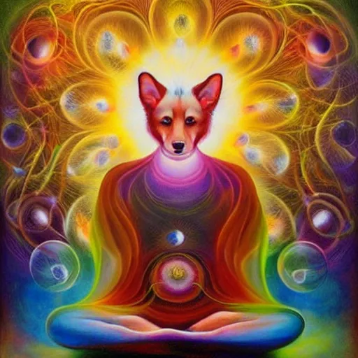 Image similar to enlightened spirit dog teacher by MICHAEL DIVINE and by AMANDA SAGE in the style of oil painting visionary art, oil painting artwork. , trending on artstation, very coherent symmetrical artwork, oil painting