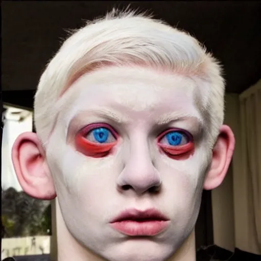 Image similar to color photo of a full platinum blond weirdo, shaved eyebrows, no eyebrow, pale skin, neurofibromatosis, realistic, high detail, high quality, trending on pinterest