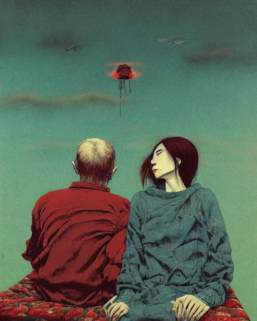 Image similar to early color photo of an old dead couple sitting on a couch in an old soviet apartment and looking at the scared enlightened boy flying up in sky, Beksinski impasto painting, part by Adrian Ghenie and Gerhard Richter. art by Takato Yamamoto, masterpiece