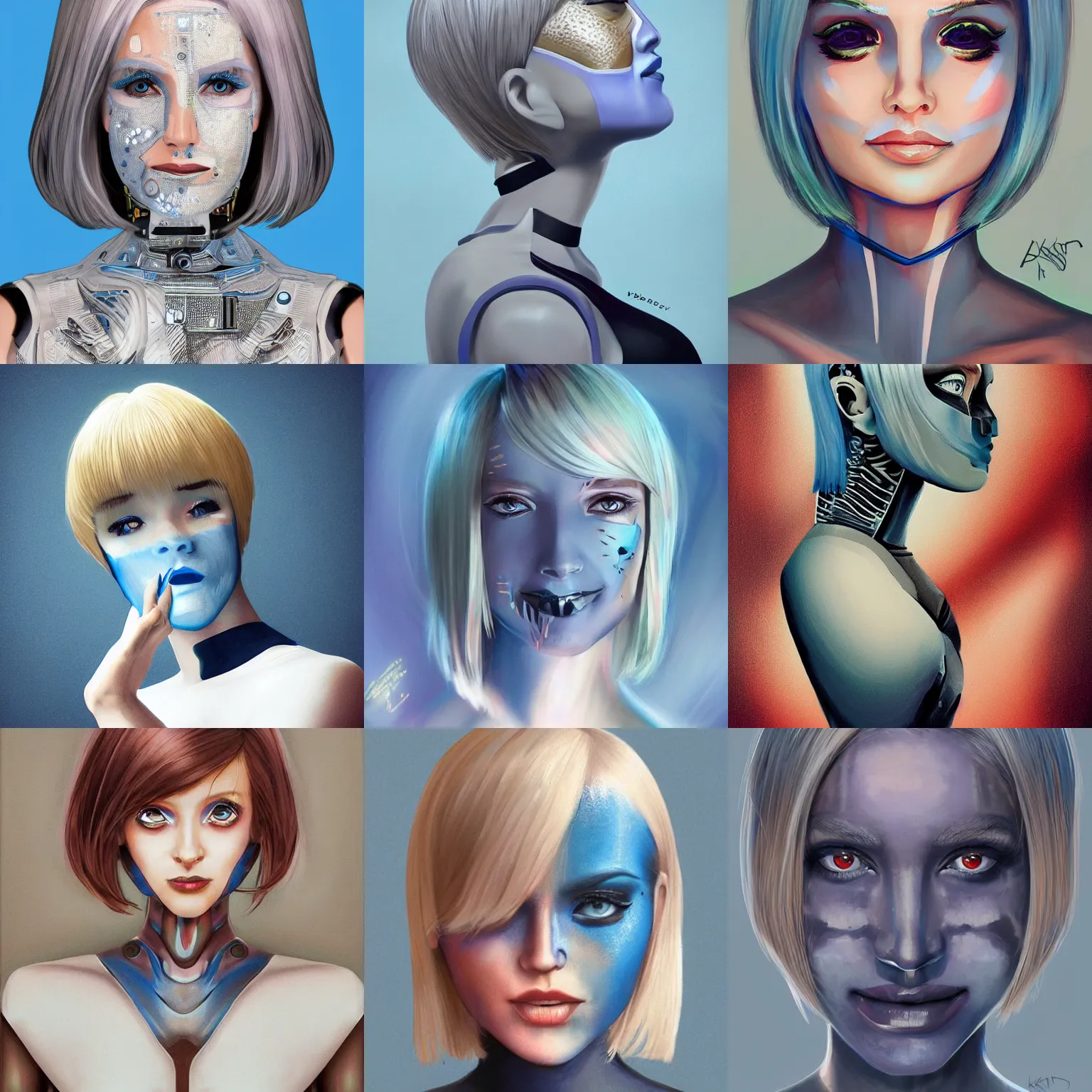 Prompt: android robot woman face painting, black facemask, blond bob haircut, beautiful detailed blue eyes, looking straight to camera, muted colors, matte print, pastel colors, ornate, digital art, cute smile, winning artwork, digital painting, professional art, elegant, pixiv, by Ilya Kuvshinov, by artgerm