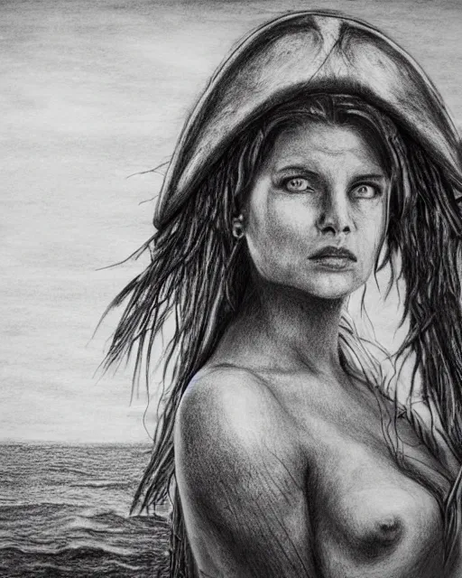 Image similar to A beautiful woman warrior on a faded background of a pirate ship at a deserted island, realism pencil drawing on white paper, bald lines