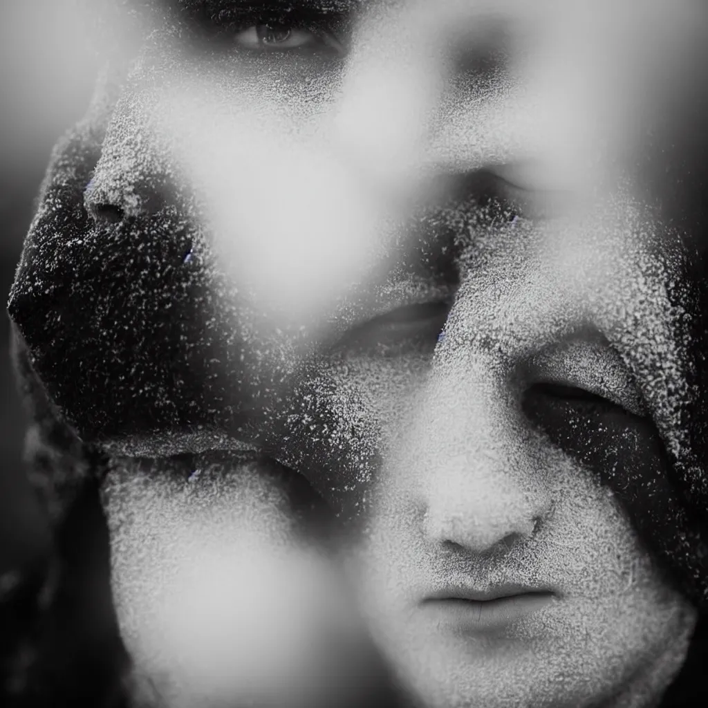 Prompt: Extreme Close-Up (ECU) vintage black and white portrait photo of a young man dressing in white robes wearing white masks in the field, cinematic lighting, cinematic composition, cinematic atmosphere, misty foggy. Vogue photography Sigma 85mm f/5-6.3 lens, portrait winning photograph.