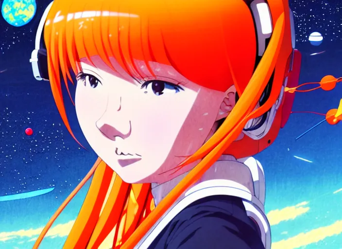 Prompt: anime portrait of a young astronaut girl floating inside a spacestation flowing orange hair no helmet, Karolis Strautniekas,omoide emanon, tsuruta kenji, murata range,kawaii, kyoto animation, manga, intricate, detailed, studio lighting, gradation,editorial illustration, matte print, Ilya Kuvshinov