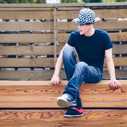 Image similar to photograph of a young man with a backward hat sitting on outdoor wooden bleachers next to a radio