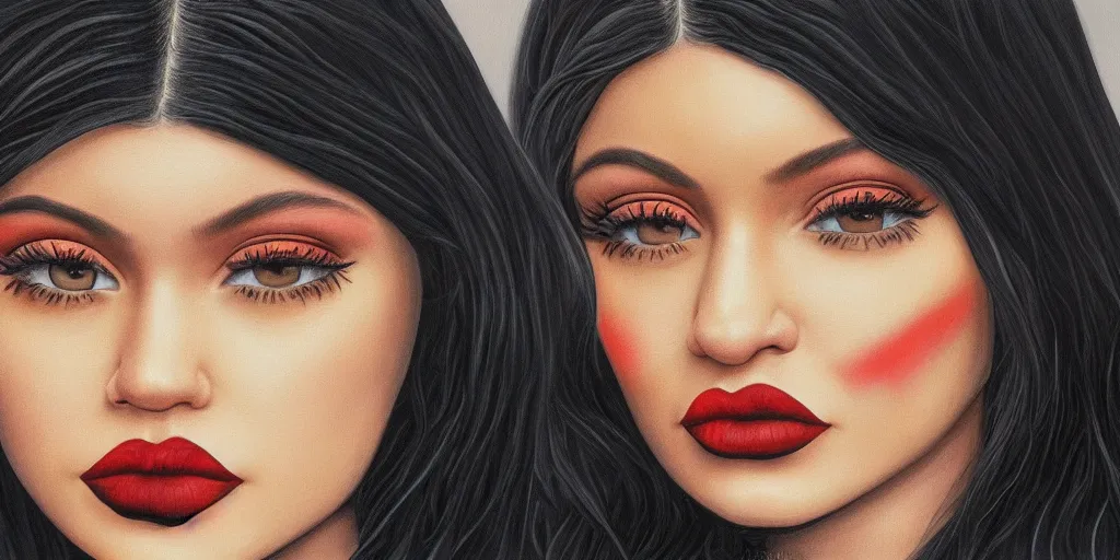 Image similar to hyper realistic kylie jenner in the style of a slipknot album cover, minimal art style, highly detailed, intricate, digital painting, artstation, 3 5 mm film grain