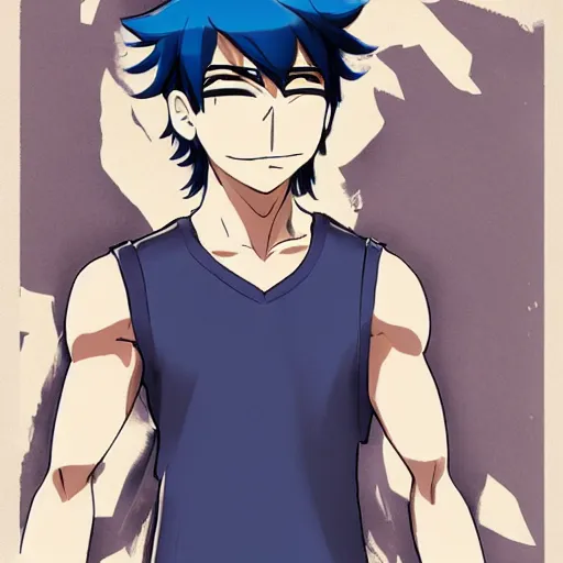 Image similar to concept art of a man with navy blue hair, anime style