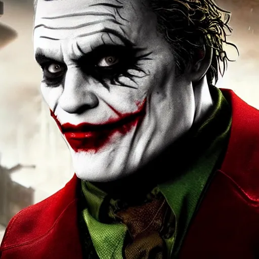 Image similar to the joker 2 0 1 9 in gears of war, splash art, movie still, detailed face, photorealistic facial features, cinematic lighting, dramatic, octane render, long lens, shallow depth of field, bokeh, anamorphic lens flare, 8 k, hyper detailed, 3 5 mm film grain