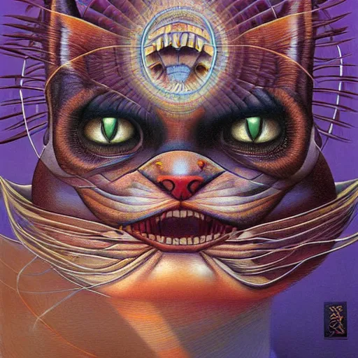 Image similar to a cat having an ego trip, by alex grey, by Esao Andrews and Karol Bak and Zdzislaw Beksinski and Zdzisław Beksiński, trending on ArtStation