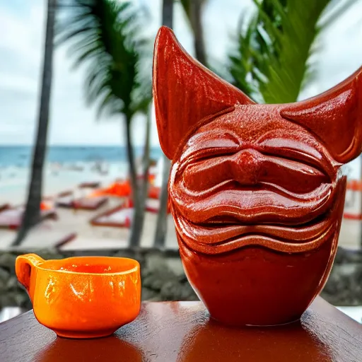 Image similar to a closeup photorealistic photograph of a glossy orange cat garfield style tiki mug sitting at a trader vic's beach bar featuring garfield's face. tiki theme. bright scene. fine detail. this 4 k hd image is trending on artstation, featured on behance, well - rendered, extra crisp, features intricate detail, epic composition and the style of unreal engine.