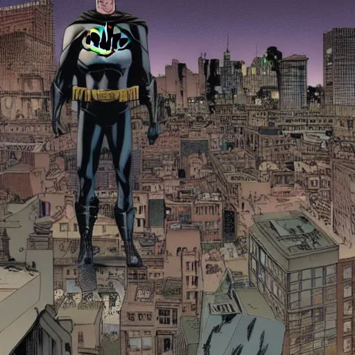 Image similar to batman in complex city background, by Geoff Darrow