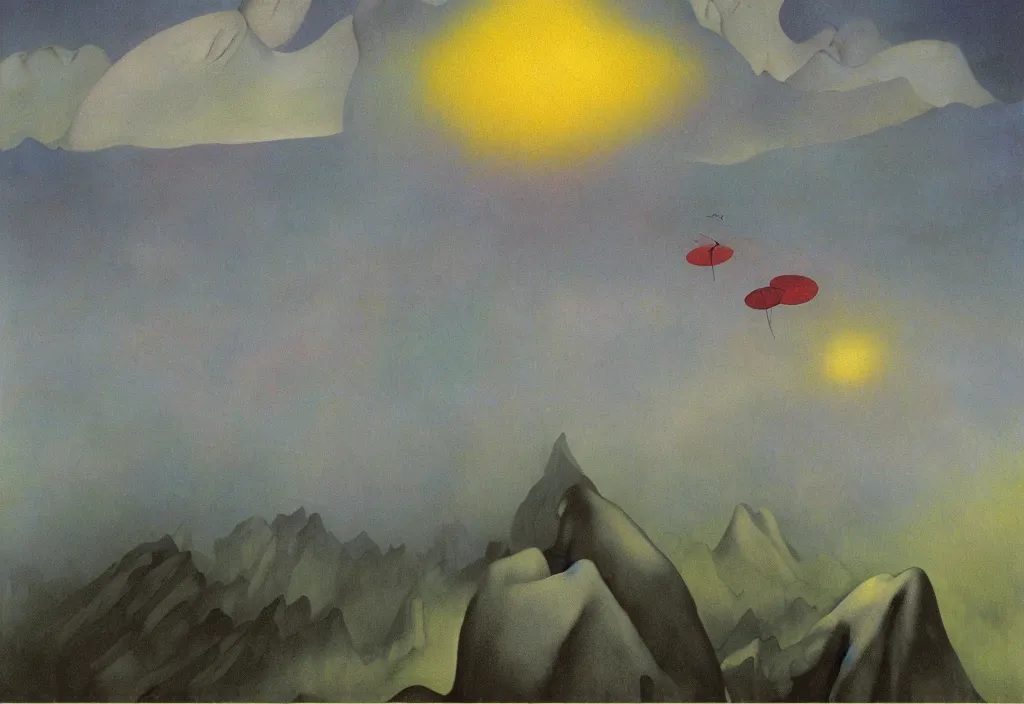 Image similar to shy mountain summit taking a peek through the clouds, fog, with curious eyes. joy of life happy flying creature devil dream mothership with petal wings. iridescence glowing. painting by yves tanguy, jean delville, rene magritte, max ernst, monet