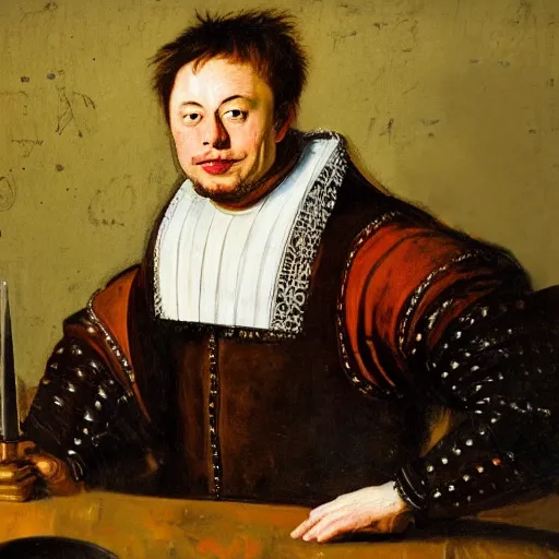Prompt: medieval portrait of elon musk sitting at a table painted by rembrandt