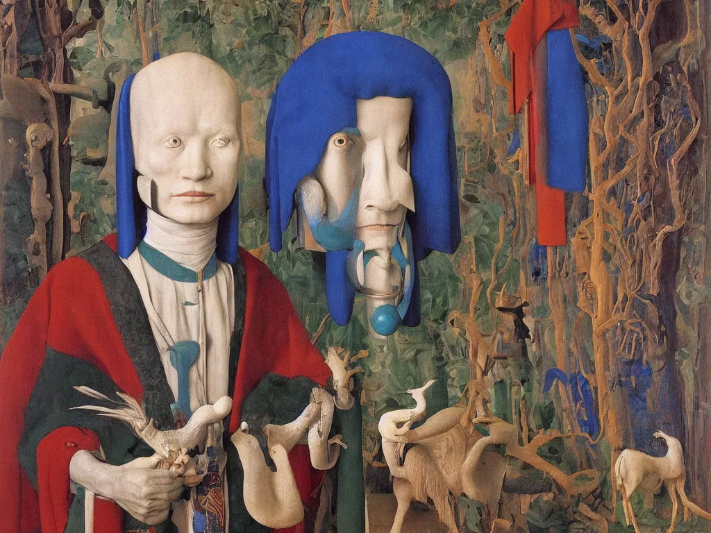 Image similar to Portrait of albino mystic with blue eyes, with totemic archaic mask made from Quartz. Painting by Jan van Eyck, Audubon, Rene Magritte, Agnes Pelton, Max Ernst, Walton Ford