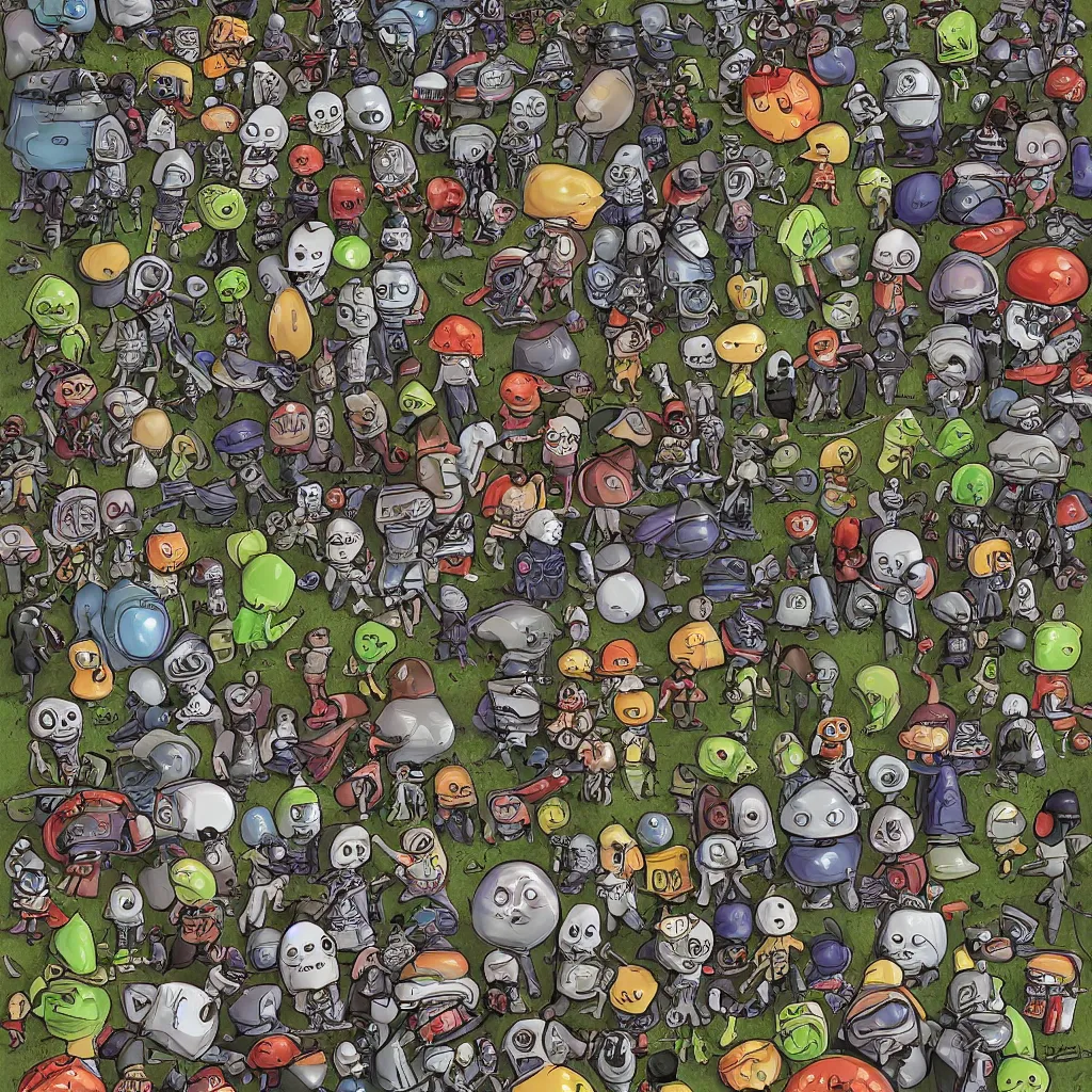 Prompt: sci fi poster lawn gnomes attack from the garden, mars attacks, tim burton, detailed, space invasion, pulp scifi