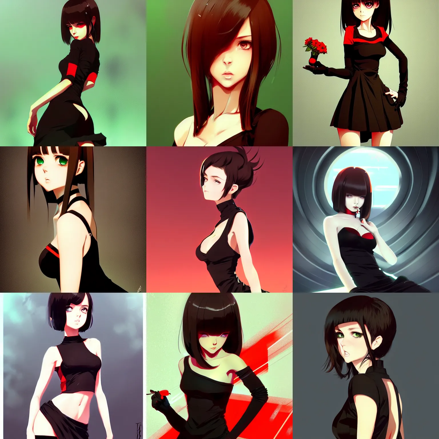Prompt: sexy girl with perfect body with brown hair and green eyes, wearing an black dress, earring, red and black color palette, in the style of and ilya kuvshinov and greg rutkowski, high quality anime artstyle, intricate