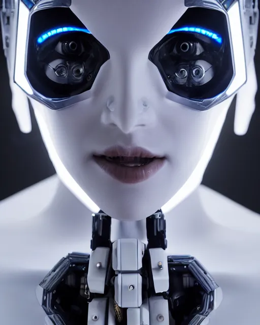 Prompt: portrait photo of female dancer as a cyberpunk mecha humanoid robotic head shoulder parts with straight linear led lights, inside white room, ultra - realistic and detailed, 8 k